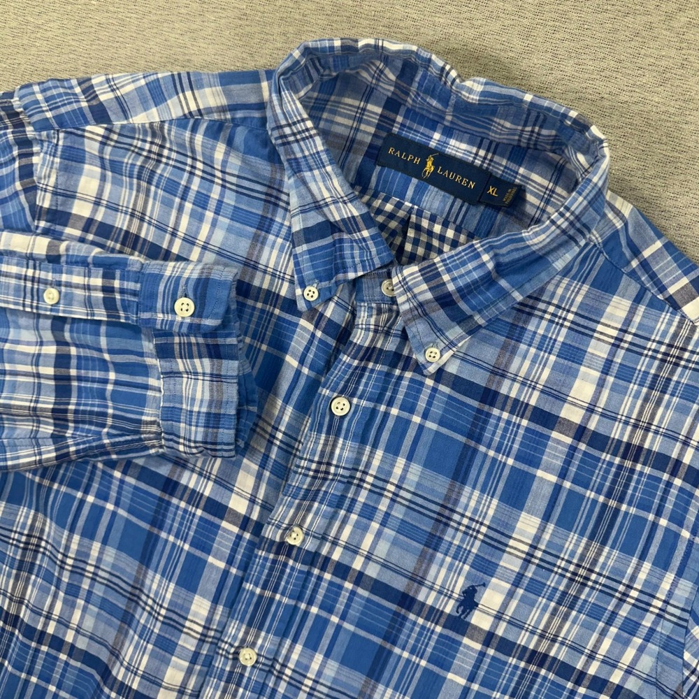 Ralph Lauren Shirt Mens XL Blue White Plaid Long Sleeve Button Down Cotton